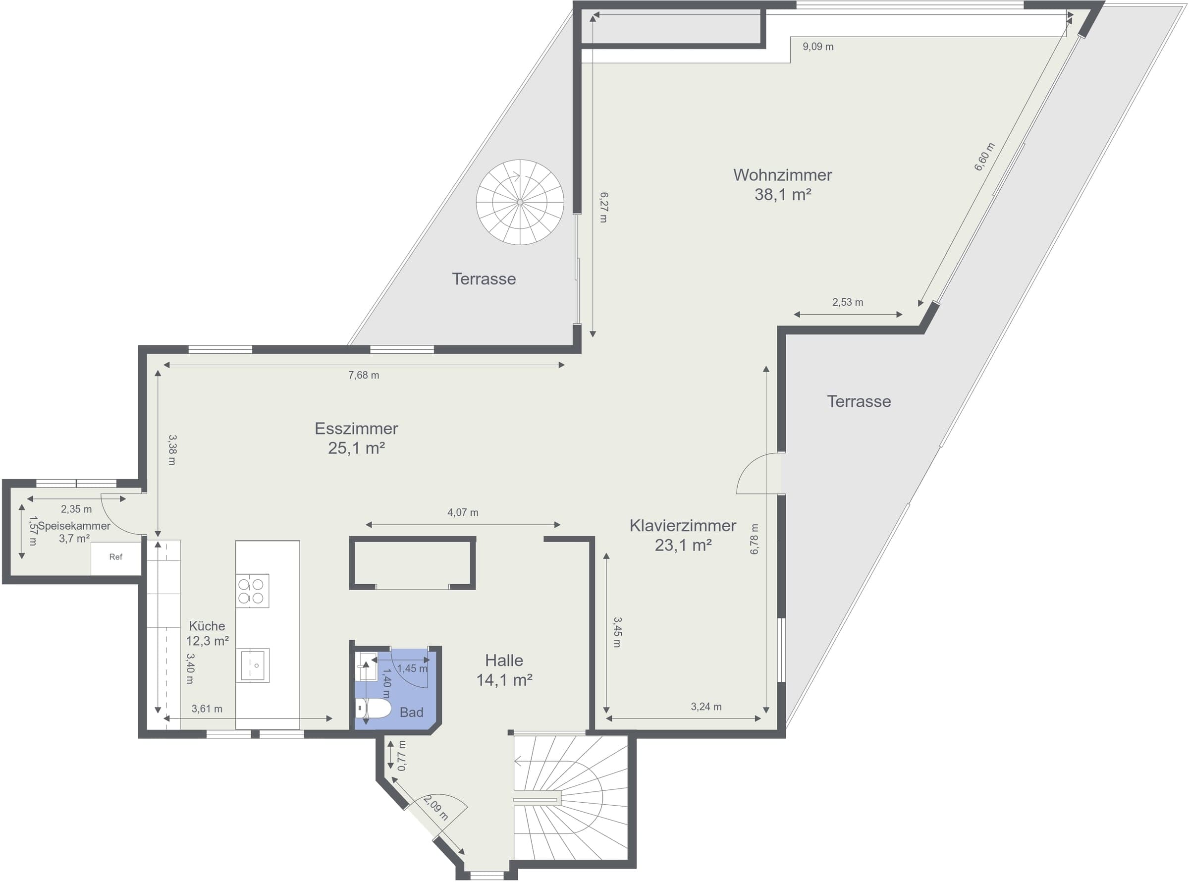 Bemasster 2D-Grundriss des Erdgeschosses einer Villa mit Wohnzimmer, Küche und Terrassen