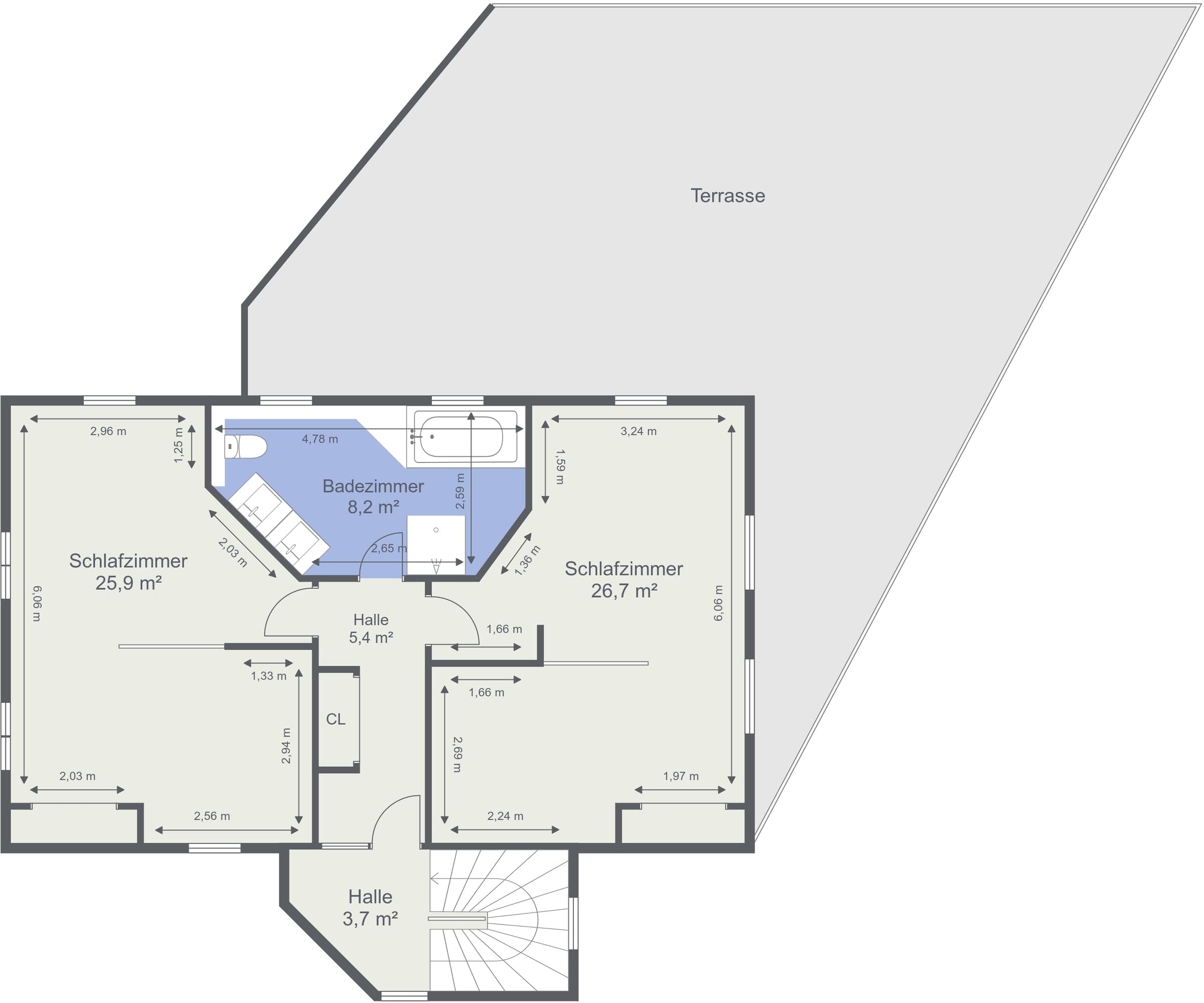 Bemasster 2D-Grundriss des Dachgeschosses einer Villa mit Zimmern und Bad