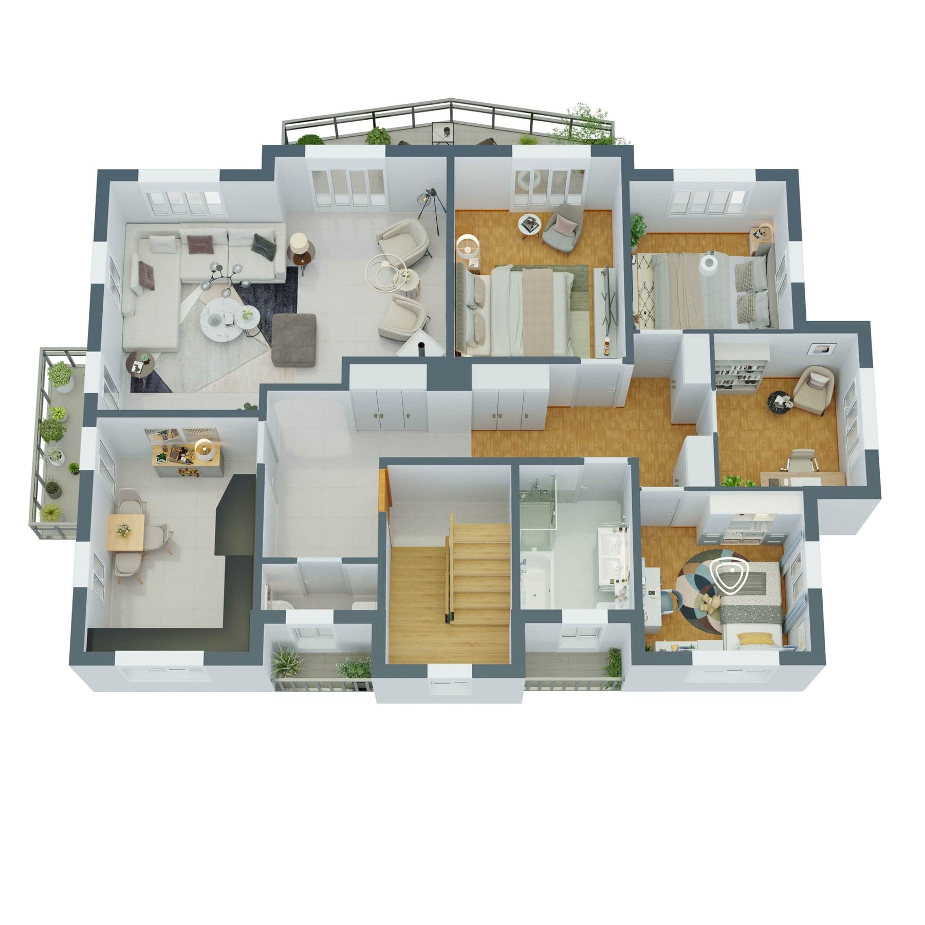 Möblierter 3D-Grundriss einer Wohnung mit Wohnzimmer, Küche und Zimmern