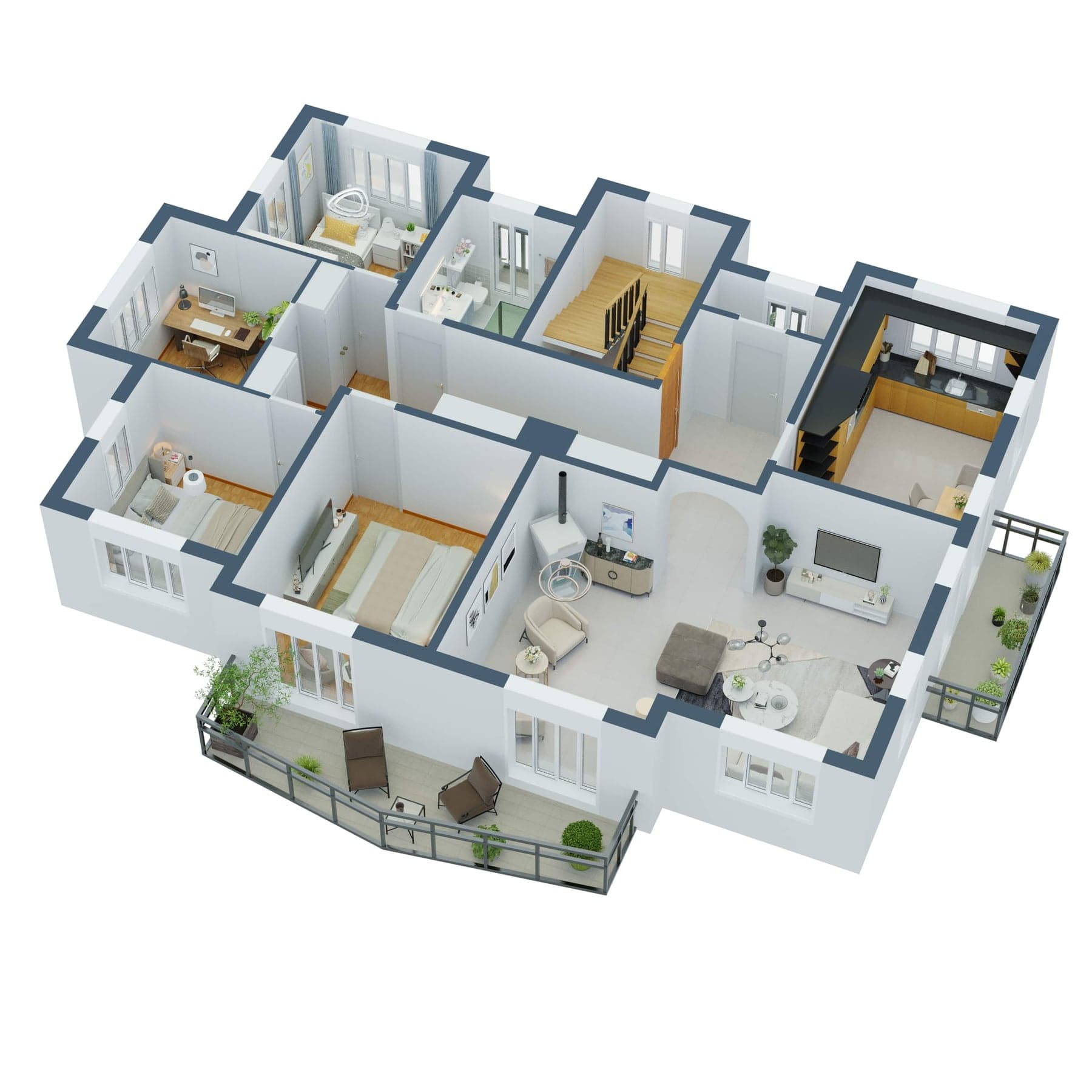 Möblierter 3D-Grundriss einer Wohnung mit mehreren Zimmern und Balkon