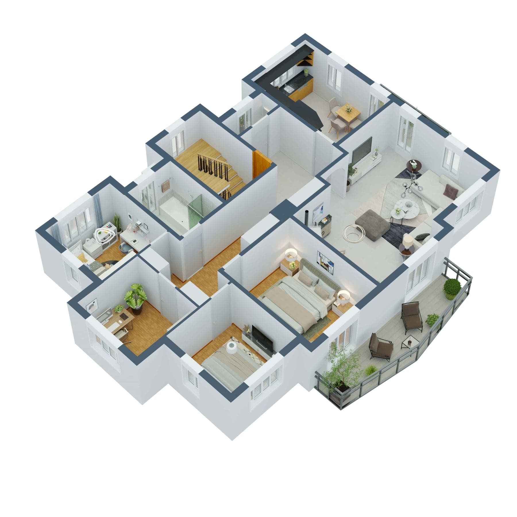 Möblierter 3D-Grundriss einer Wohnung mit Treppe und mehreren Zimmern