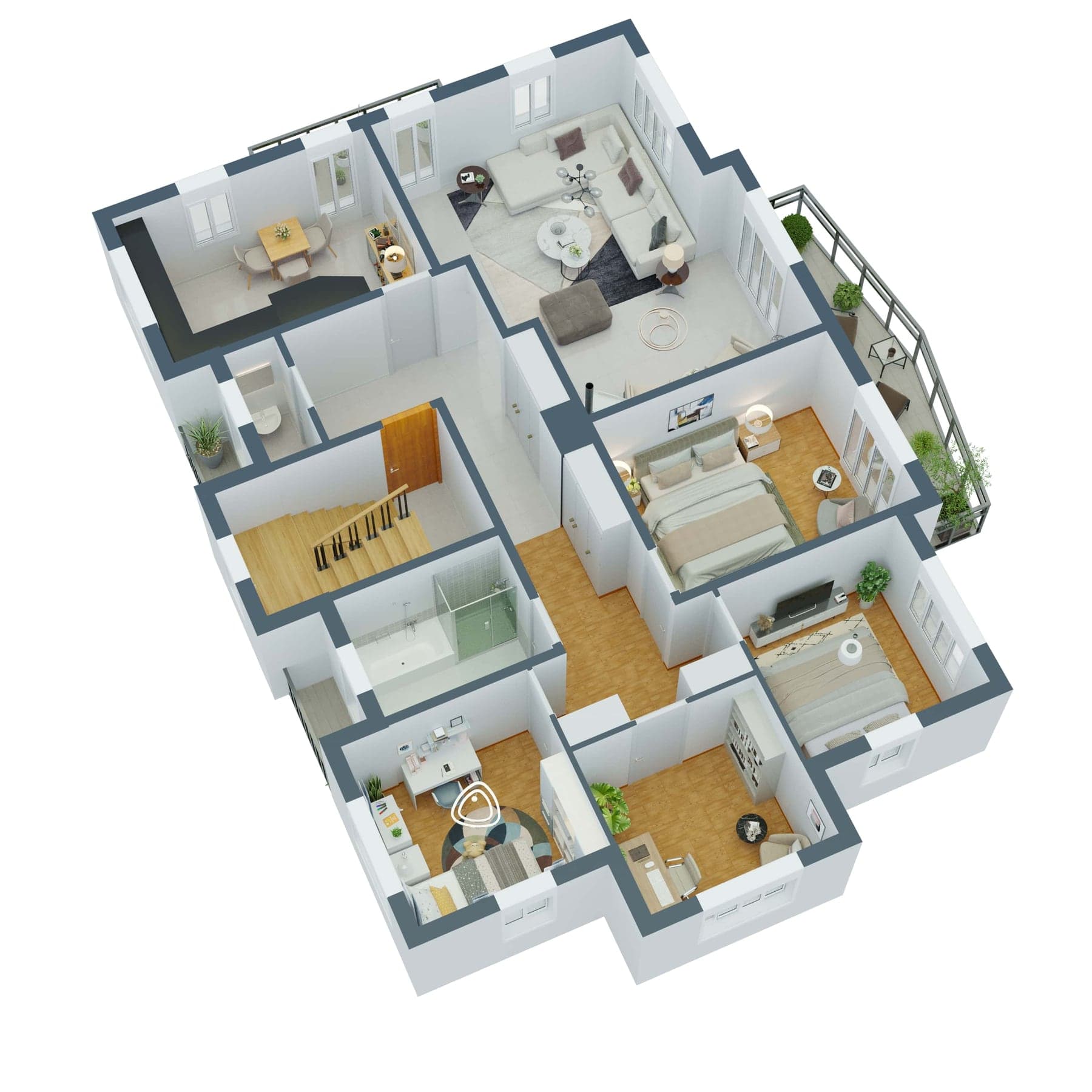 Möblierter 3D-Grundriss eines Geschosses mit Wohnzimmer, Küche und Zimmern