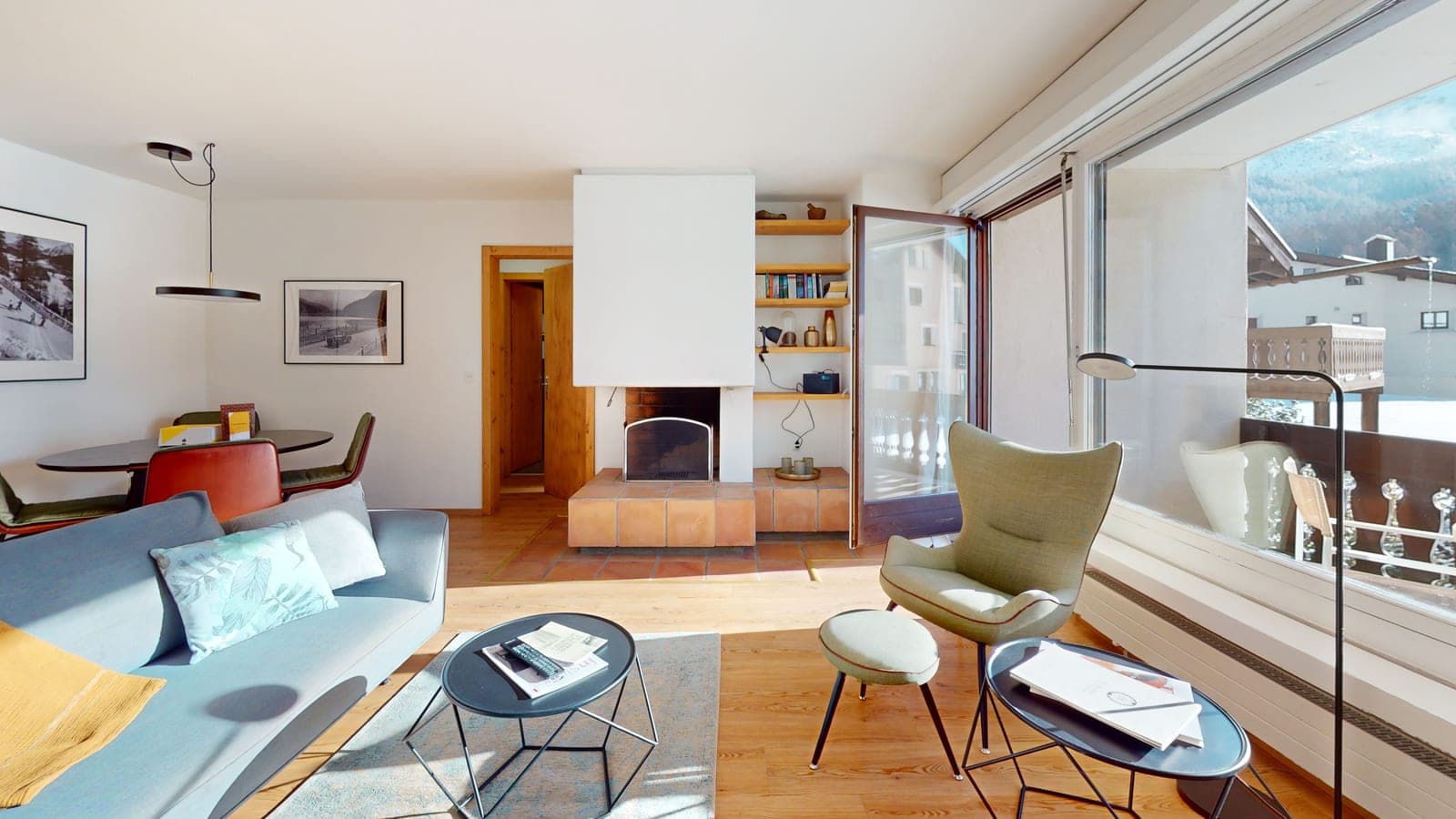Living room of the Crest Alta 23 apartment in Surlej, from the Matterport tour