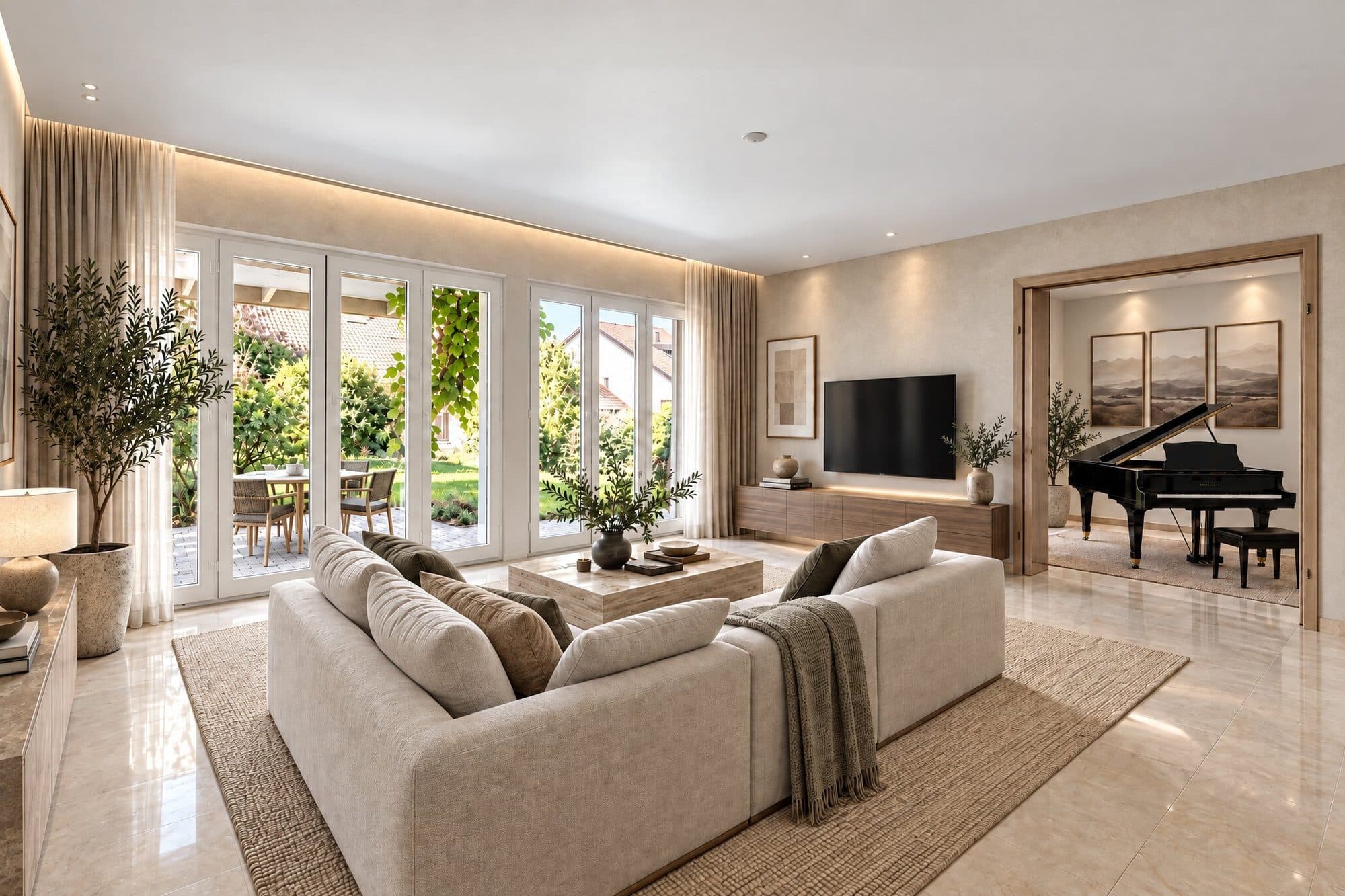 Leeres Wohnzimmer mit grossen Fenstern und dasselbe Wohnzimmer möbliert mit Sofa und Klavier