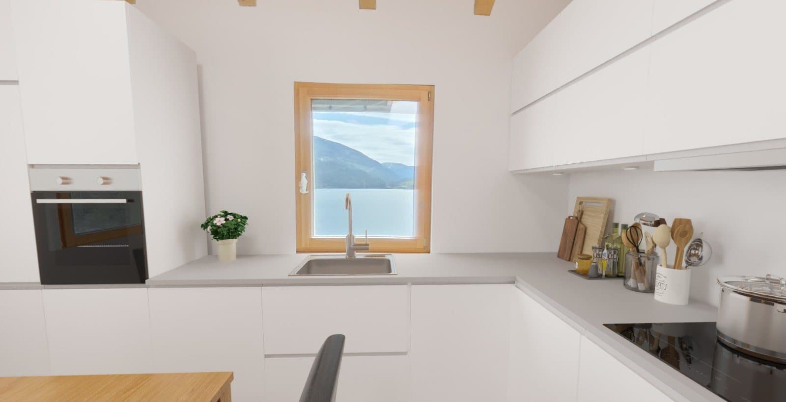Weisse Küche mit Fenster zum See, in der möblierten Version des Rundgangs