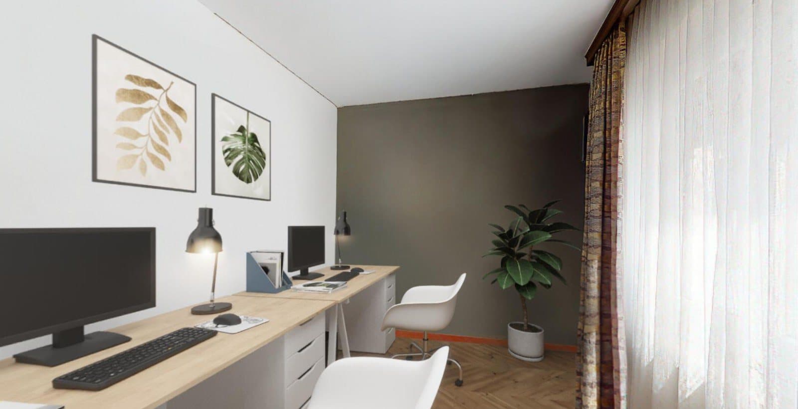 Arbeitszimmer mit zwei Schreibtischen, Pflanzen und Bildern, in der renovierten und möblierten Version des Rundgangs